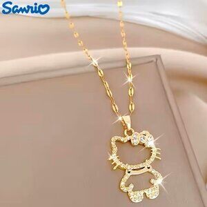 Hello Kitty Necklace Chain Pendant Rhinestone UV Plating. 🥰😻Gold Trendy Cute
